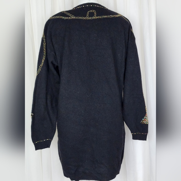 Vintage black wool knit tassel beaded rhinestone Christmas Xmas tunic sweater L - Picture 4 of 5